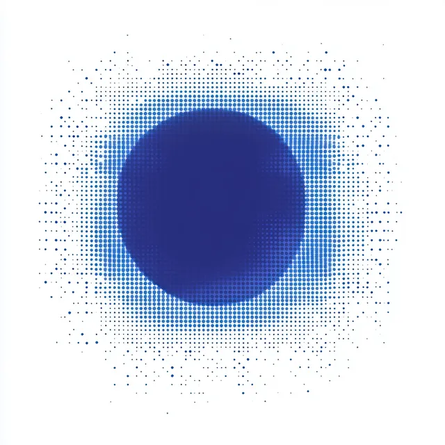 Abstract blue halftone circle with pixelated edges on a clean white background.