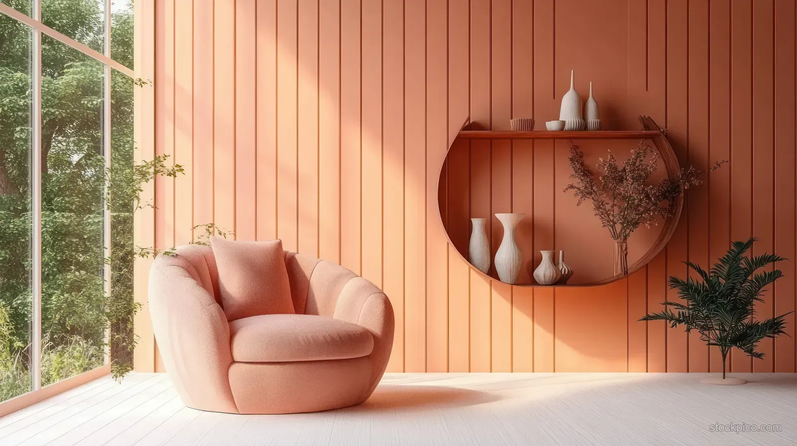 Rounded peach armchair sits in a warm-lit living room next to a window and a curved wall shelf with small vases.