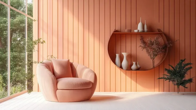 Rounded peach armchair sits in a warm-lit living room next to a window and a curved wall shelf with small vases.