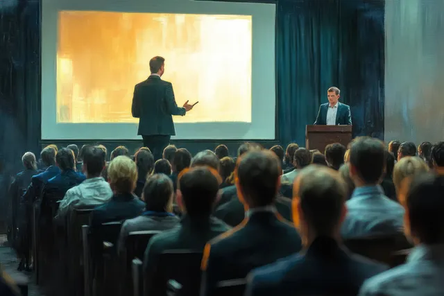 Business speaker stands at a podium in a conference room, presenting to a seated audience with a glowing screen backdrop.
