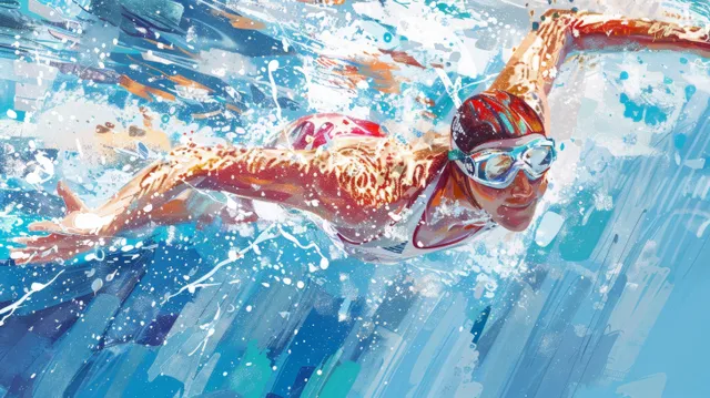 Female swimmer racing in a pool, powerful stroke with bright splash and lane lines