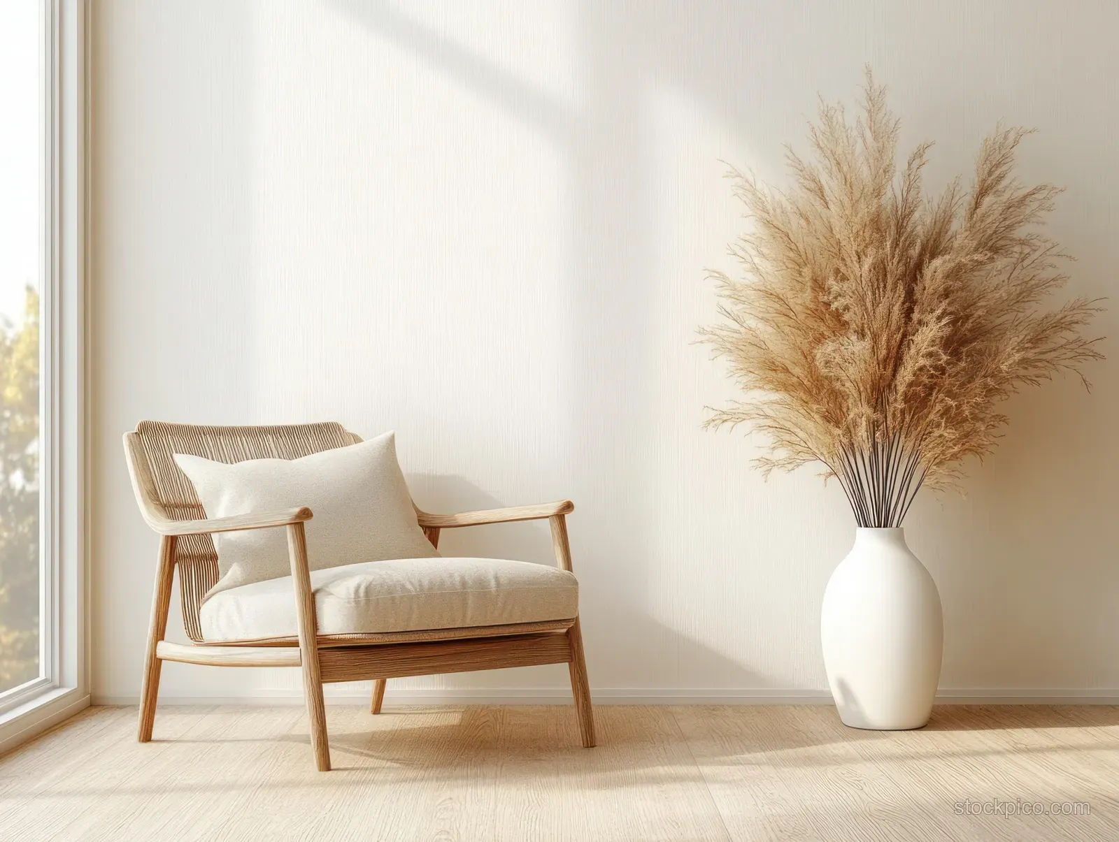 Wooden chair with a light cushion sits beside a white vase of pampas grass in a sunlit minimalist living room.