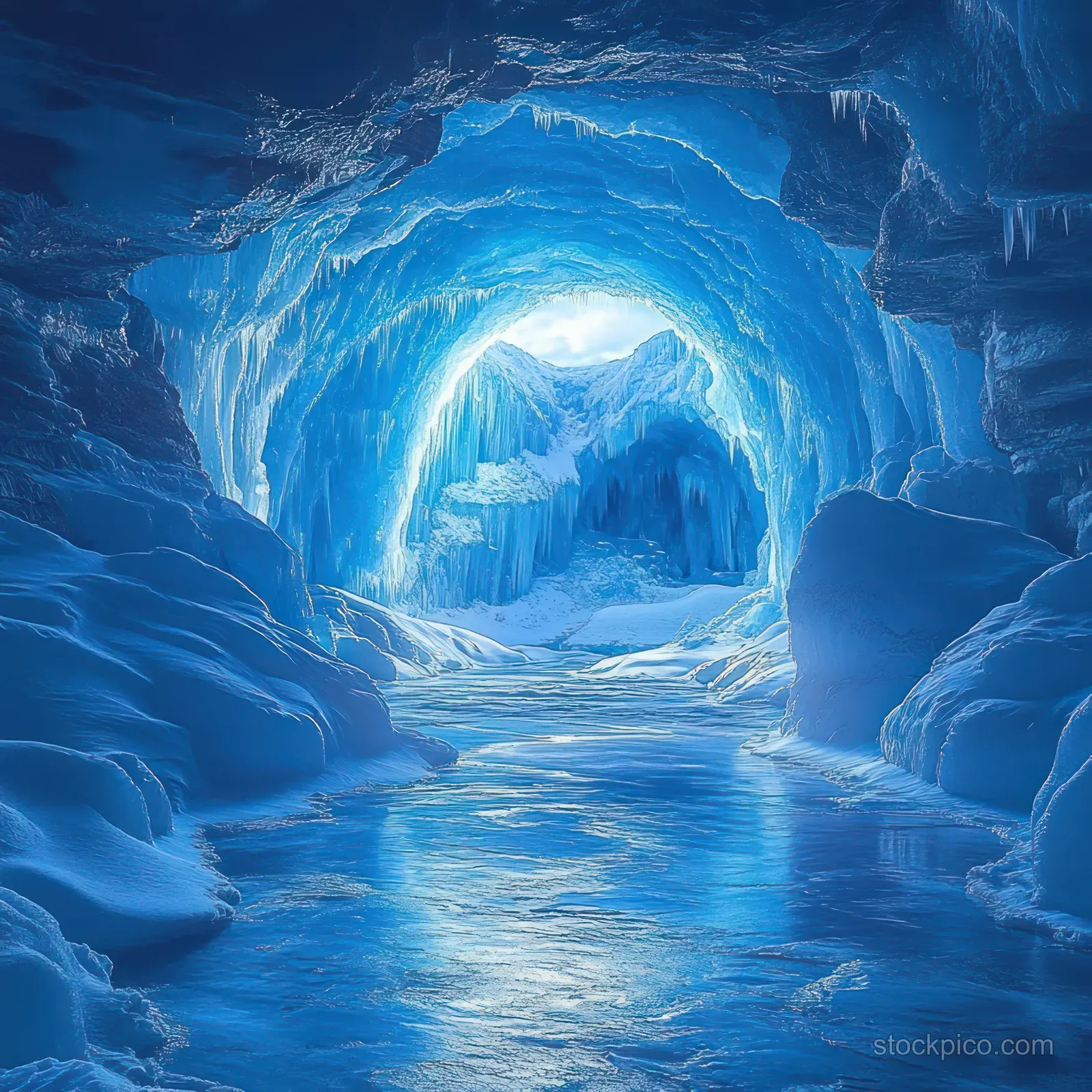 A frozen ice cave tunnel with blue ice walls, stalactites, and snowy ground lit by soft winter daylight.