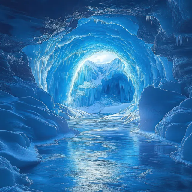 A frozen ice cave tunnel with blue ice walls, stalactites, and snowy ground lit by soft winter daylight.