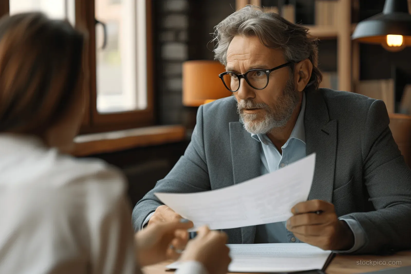 Suit-wearing manager reviews documents with older colleague across a conference table in an office meeting room.