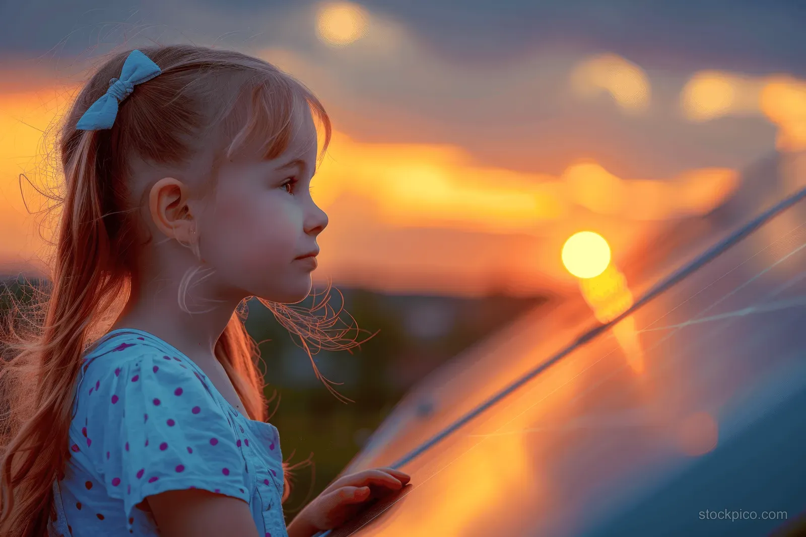 Young girl in side profile looks at a solar panel during a vivid sunset with glowing sky reflections.