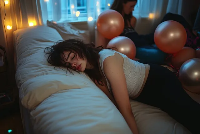 Young woman sleeps face down on a bed while gold balloons and fairy lights glow in the dim room.