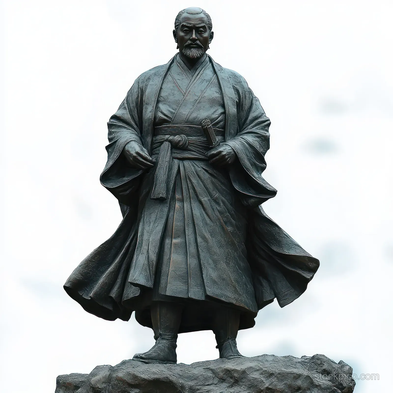 A stern stone statue of a robed man stands on a rough rock base outdoors, with detailed robe folds.
