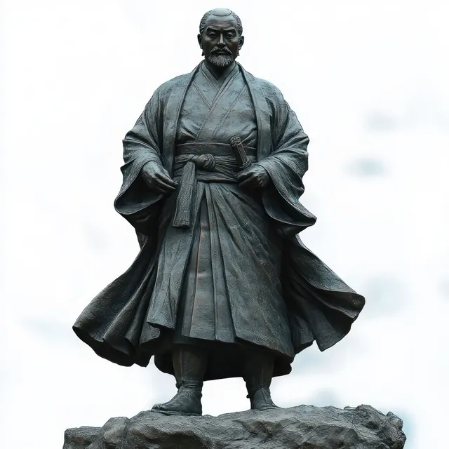 Elderly stone statue of a stern man in traditional robe standing on rough rock base