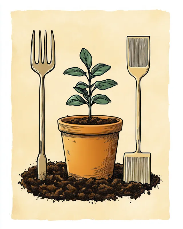 Young green plant sprouting in terracotta pot with gardening fork and shovel beside
