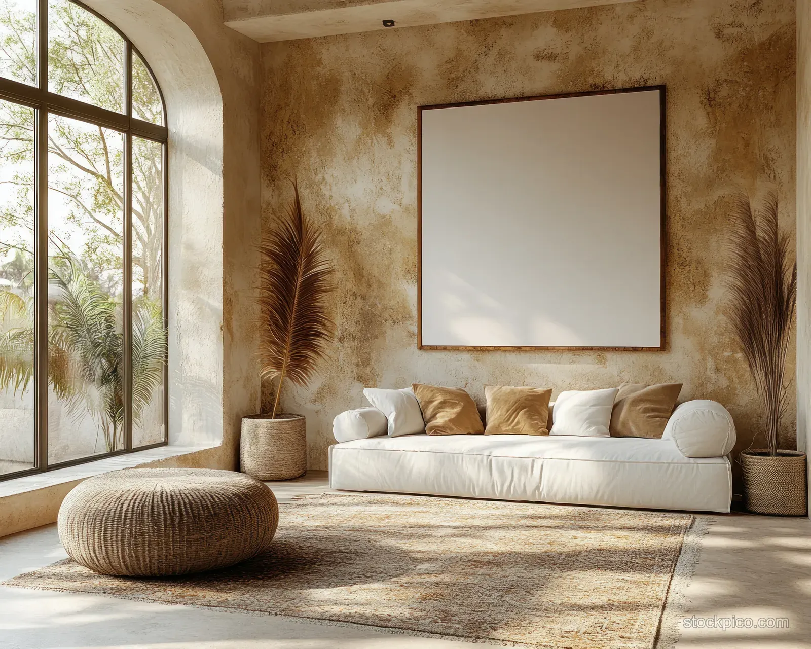 Sunlit minimalist living room with white sofa, beige walls, framed blank artwork, and curved window view.