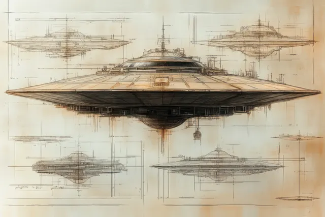 Sepia technical blueprint featuring a central saucer spacecraft and several overhead and side schematic views with fine linework.