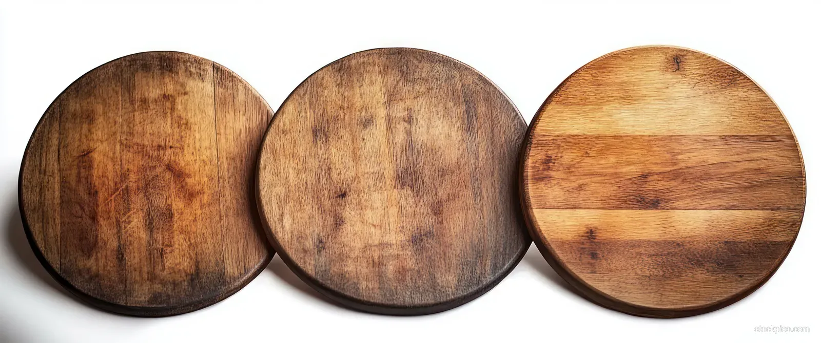 Three round wooden cutting boards with visible wood grain arranged side by side on a white background.