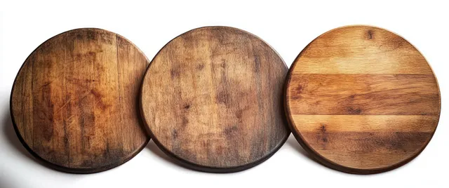 Three round wooden cutting boards with visible wood grain arranged side by side on a white background.