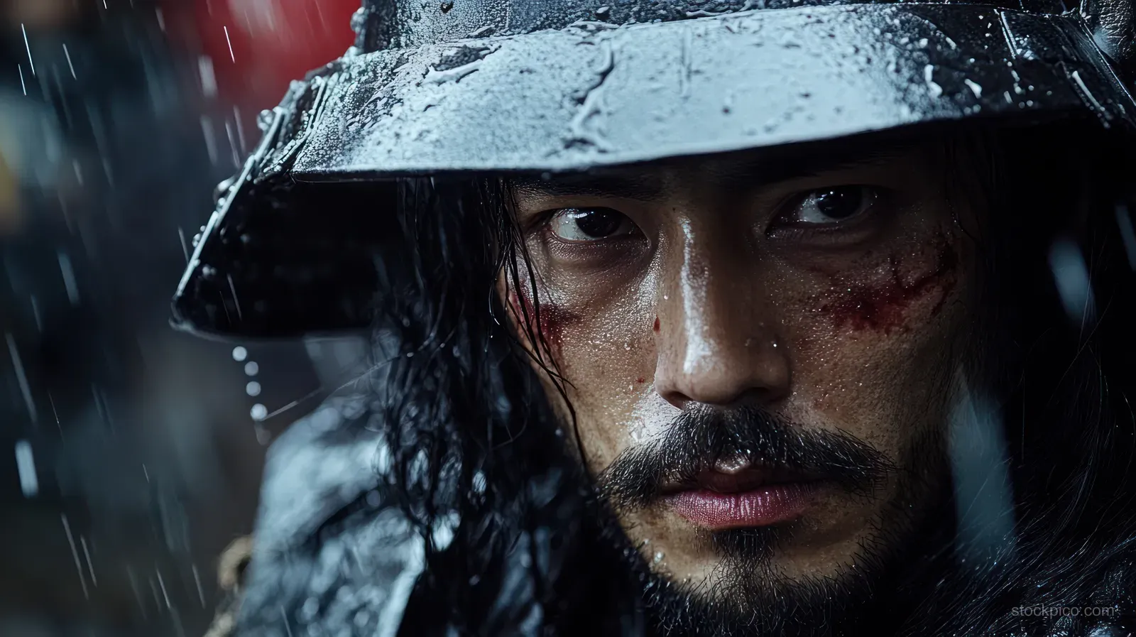 Rain-soaked samurai warrior in traditional armor stares forward, sword and wet helmet details visible in the dark scene.