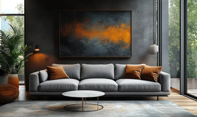 Gray sectional sofa with textured pillows and a round coffee table against a black wall with framed art and natural window light.