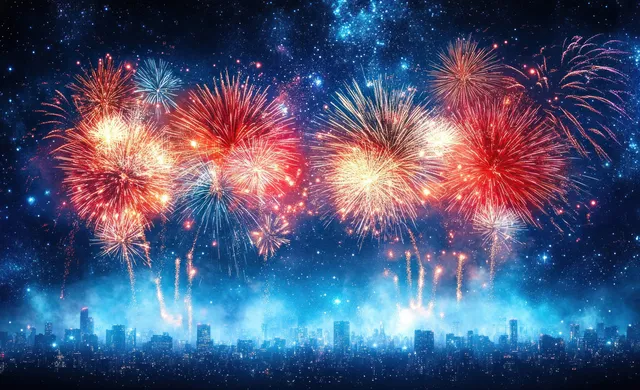Colorful fireworks burst above a blue night city skyline, New Year celebration