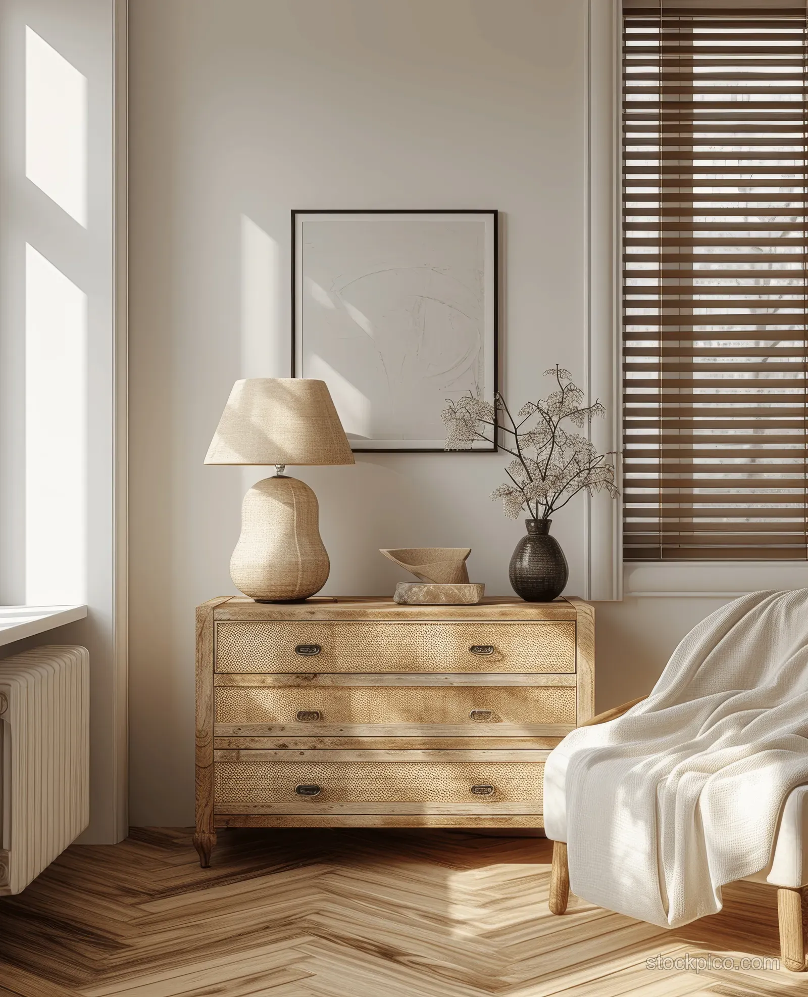 Minimalist living room corner with a wooden console, framed artwork, table lamp, and soft white throw by window blinds.