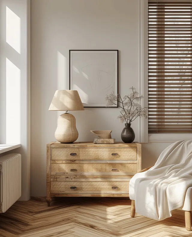 Minimalist living room corner with a wooden console, framed artwork, table lamp, and soft white throw by window blinds.