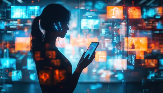 Woman holding a tablet in a neon data room with floating screens and code-like graphics behind her.