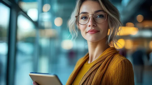 Business woman holding a tablet in a modern office with warm light and blurred window background.