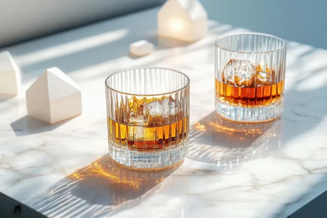 Two whiskey glasses with ice cubes on a marble table reflecting sunlight and casting soft shadows.