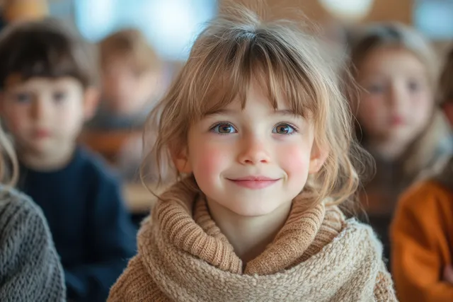 Young student smiles in a classroom with classmates softly blurred behind