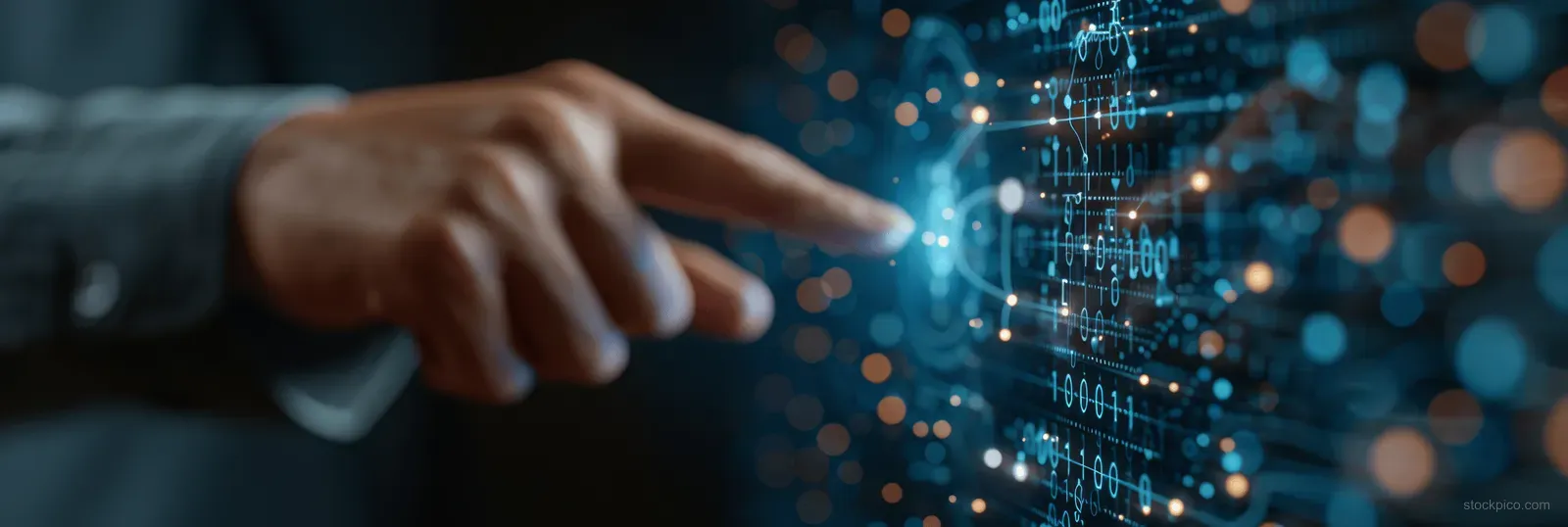 A businessman points toward a glowing holographic screen with AI network data graphics for market analysis.