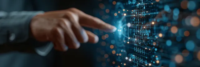 Businessman points at glowing AI data hologram for market strategy growth planning analysis