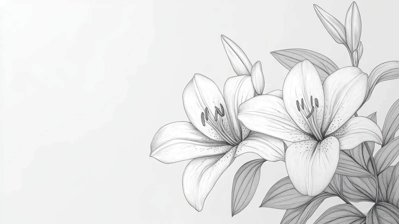 Black and white pencil drawing of two blooming lilies with leaves and buds on a light background.