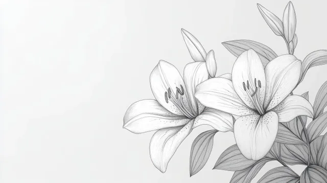 Black and white pencil drawing of blooming lilies with leaves