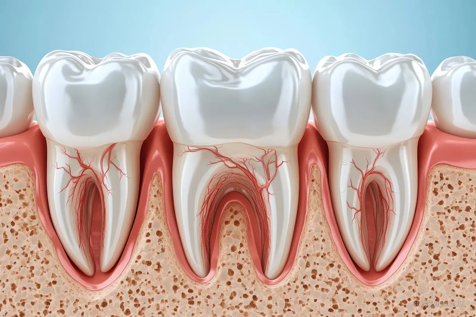 Cross section of teeth showing healthy gums beside inflamed recession and exposed roots.
