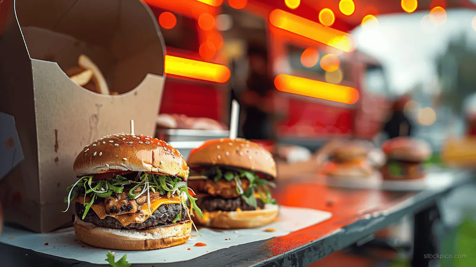 Two ready burgers on a food truck counter while colorful lights and blurred food vendors fill the background.