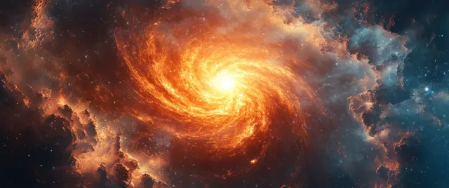 A glowing sun surrounded by swirling galaxies, nebula clouds, and distant stars in a surreal night sky.