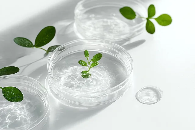 Green plant cuttings sprouting in clear petri dishes with water on white lab surface