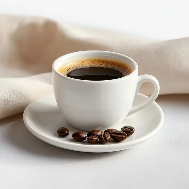 White ceramic cup of black coffee on a matching saucer with coffee beans on soft beige fabric background.