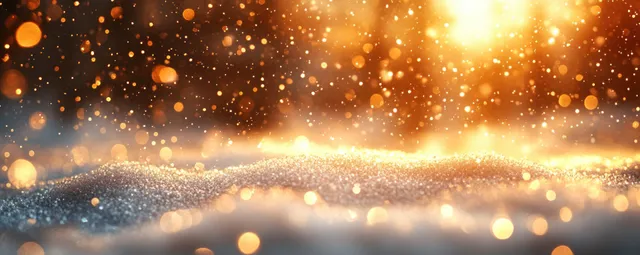 Golden bokeh lights glow above softly falling snow with sparkling particles across a winter backdrop.