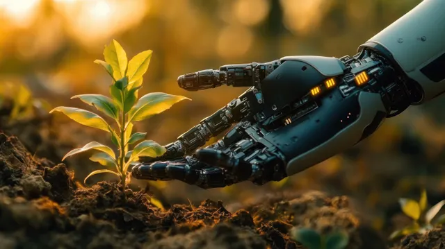 Robotic hand tending a young plant in soil under warm sunrise light