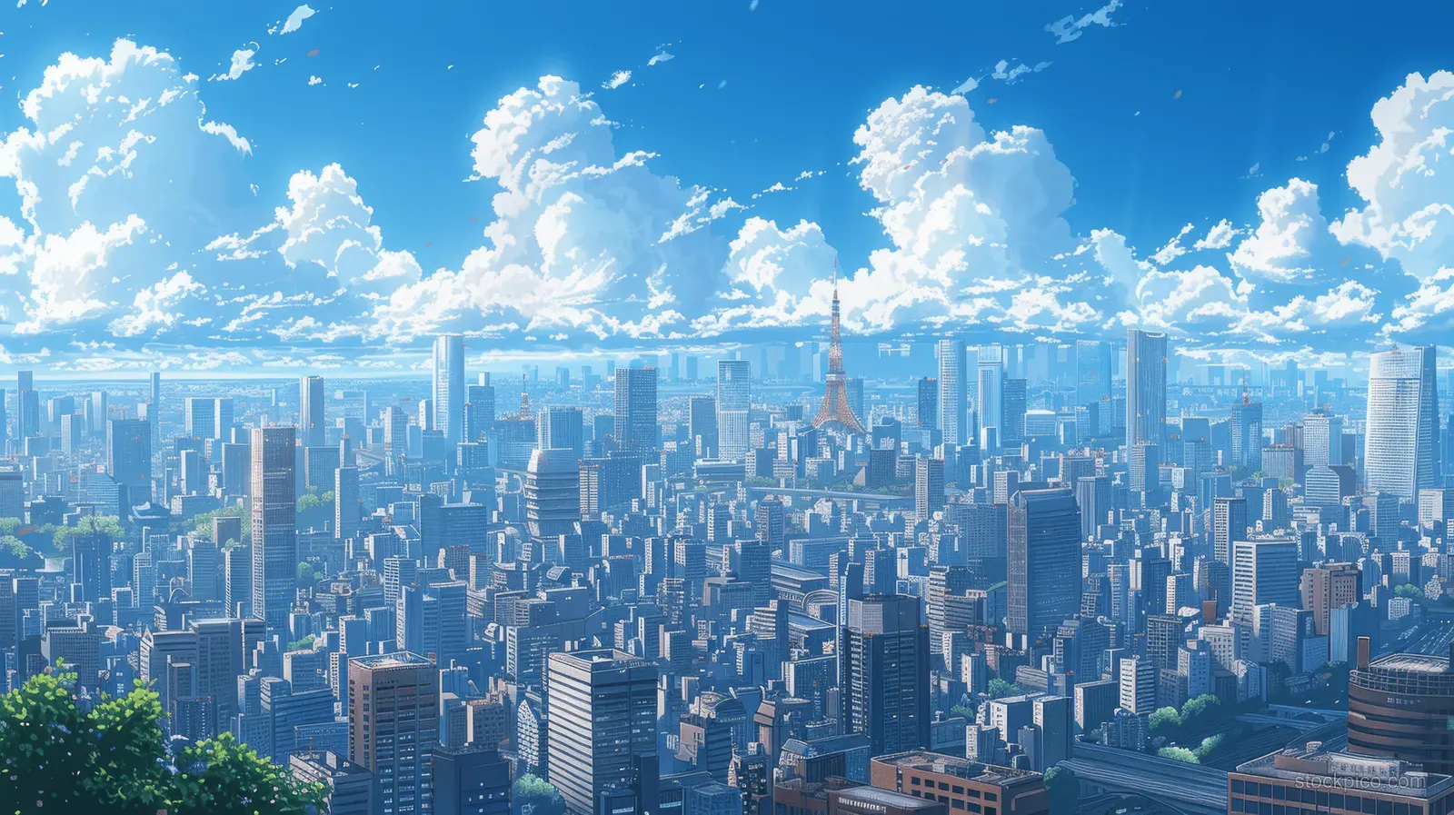 Anime-style Tokyo skyline panorama with tall buildings and bright blue clouds filling the sky.