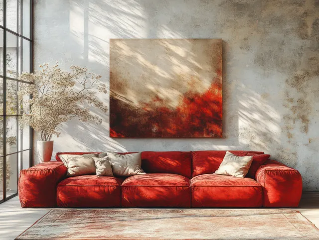 Deep red sofa beneath a blank canvas wall artwork with sunlit shadows and minimalist decor in a living room.