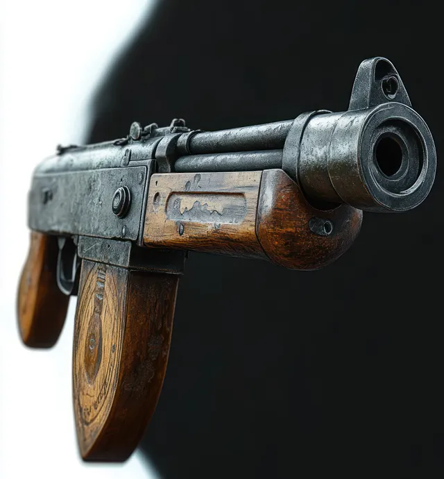 Close-up of a vintage submachine gun with wooden grips and a metal barrel against a black-and-white background.
