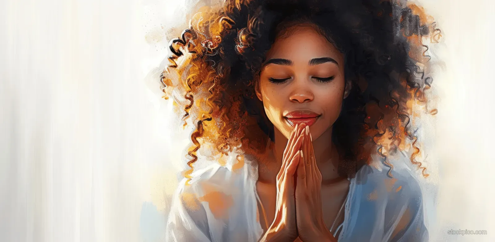 African American woman praying in profile with eyes closed, hands clasped, watercolor mist and soft glow on a white background.