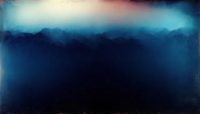 Blue and black gradient abstract sky with glowing haze and visible textured film grain.