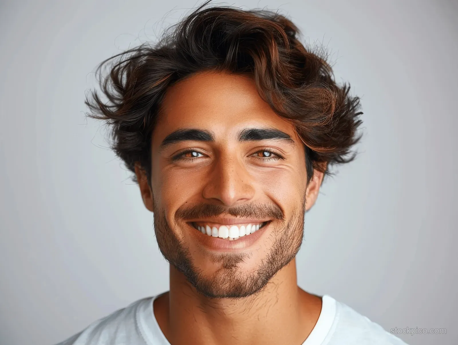 A closeup portrait of a smiling Indian man with clean teeth and styled hair on a plain white background.