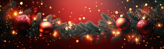Christmas ornaments and pine branches with golden glowing lights on a red festive banner.
