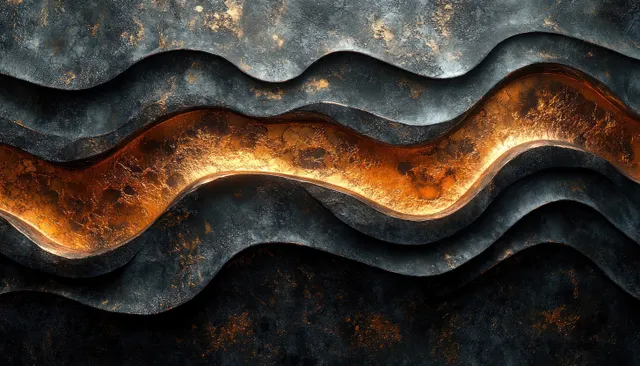 Black and copper abstract waves with glowing metallic ridges and textured background