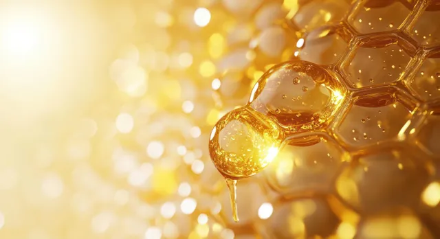 Vitamin C serum drop glistens on skin cell surface in golden 3D abstract