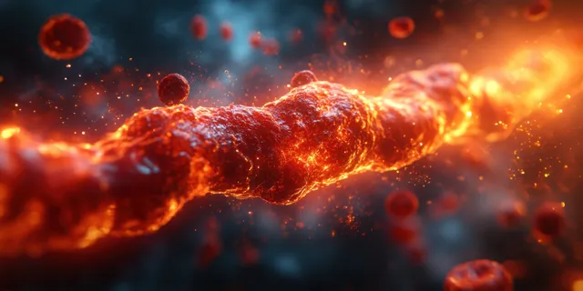 3D artery blockage scene with glowing plaque and streaming blood cells in motion