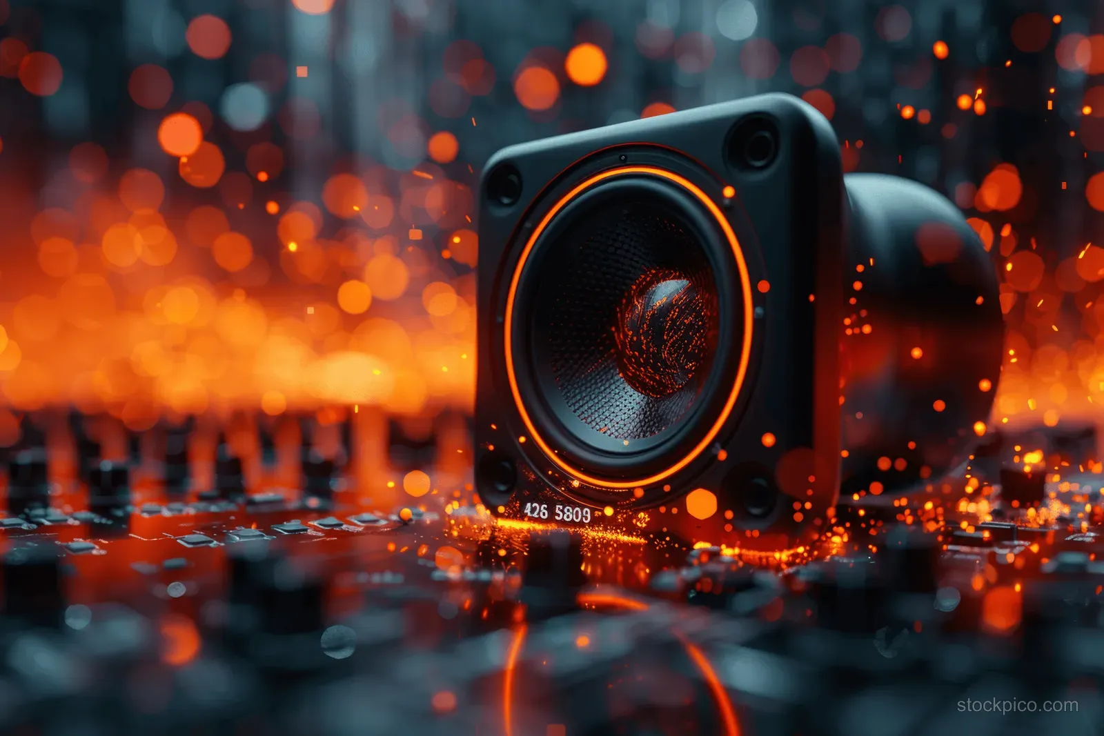 Black and orange futuristic speaker centered amid glowing abstract city lights with orange sound-wave trails.