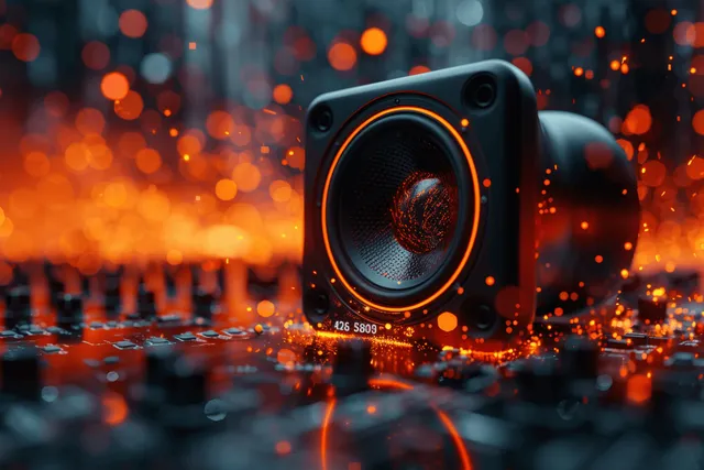 Black and orange futuristic speaker centered amid glowing abstract city lights with orange sound-wave trails.